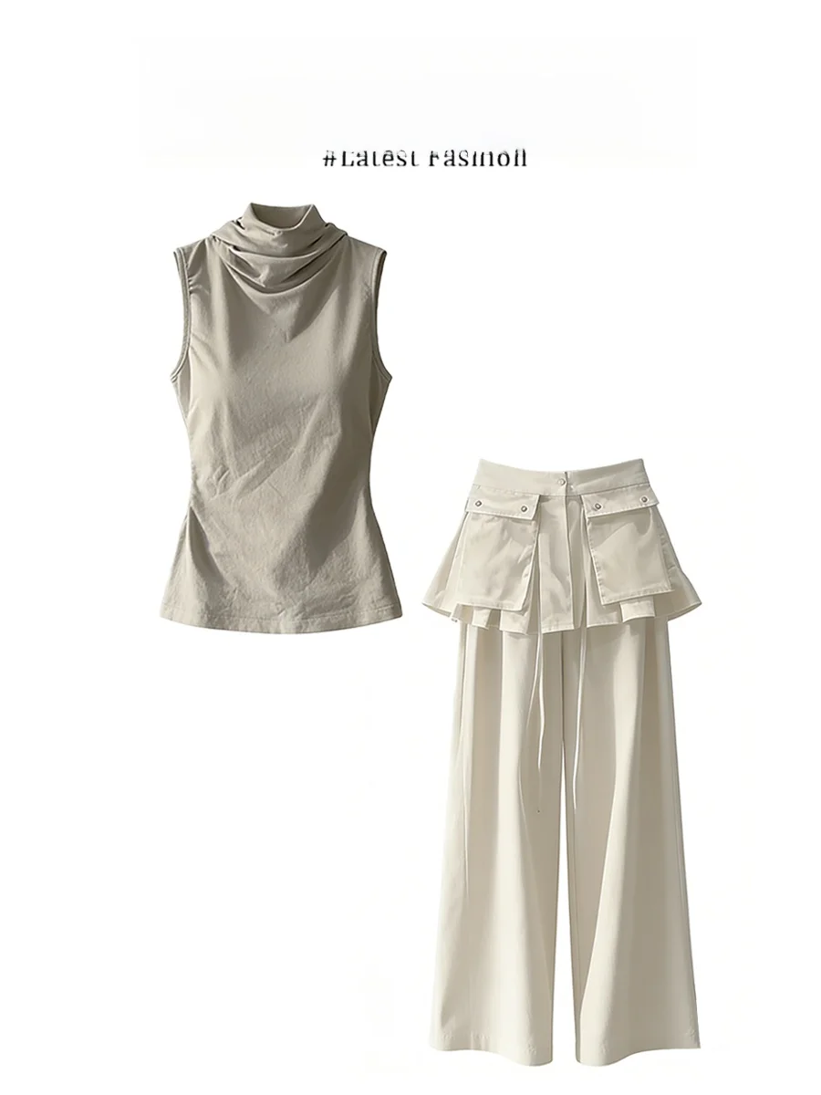 

American Design Hatless Sleeveless Vest Top Fake Two-Piece Wide Leg Casual Pants Set Women's Fashion Casual Summer Outfit