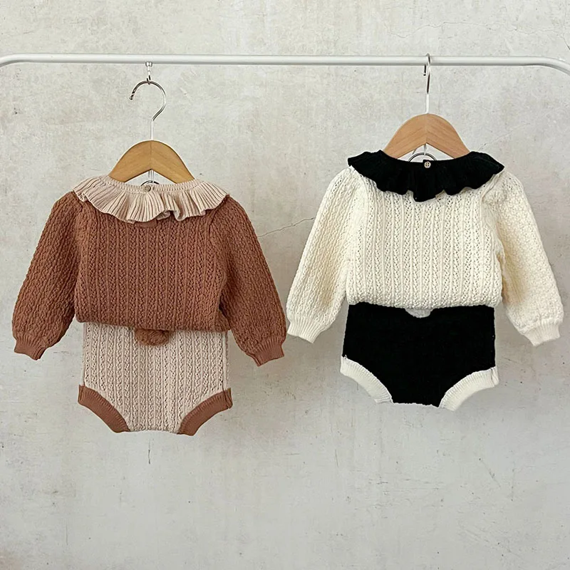 2024 New Autumn Korean Style Toddler Baby Girl Clothes Suit Long Sleeved Knitted Pullover+Shorts Newborn Baby Girls Clothing Set