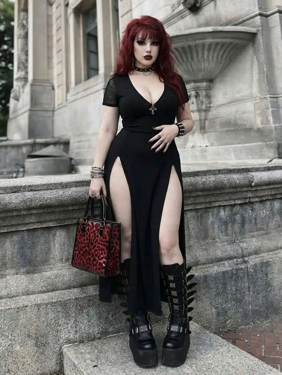 

Black High Slit Flare Sleeve Evening Dress Gothic Style