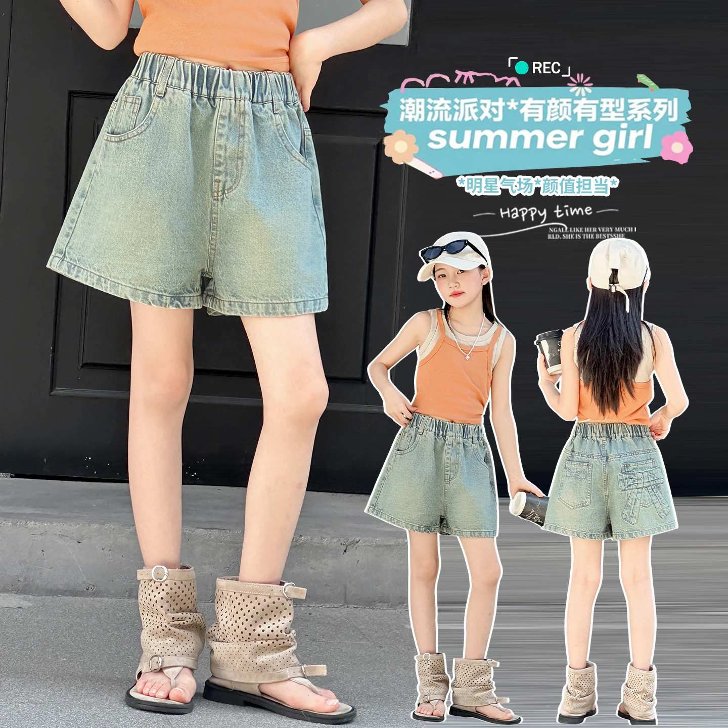 

Summer Kids Girls Denim Shorts Vintage Bow Embroidery Pockets Child Girls Jeans 4-14Y Young Teenager Girls Sticker Casual Shorts