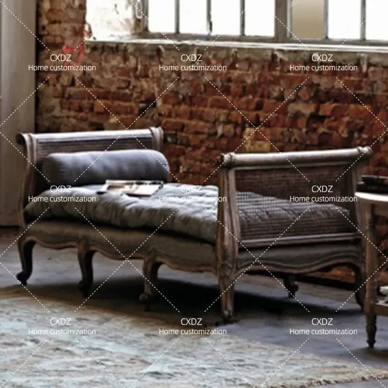 Rural Solid Wood Shoe Changing Stool Bedside Rattan Sofa Stool Medium Antique Retro Furniture for Homestay Customization