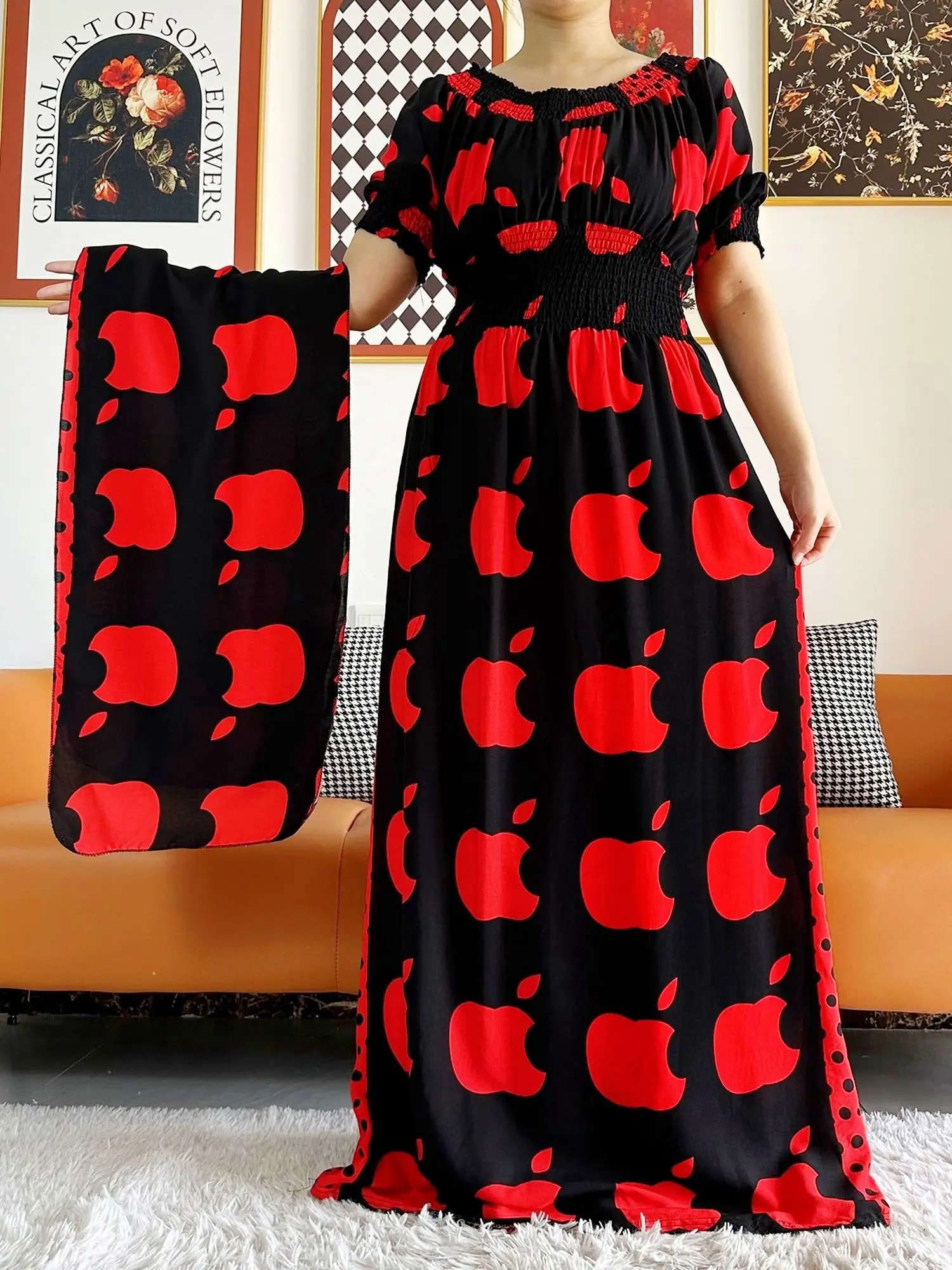 African Women Dashiki 100%  Cotton Floral Dress Printing Apple Design Short Sleeve Collect Waist Straight Loose African Clothing