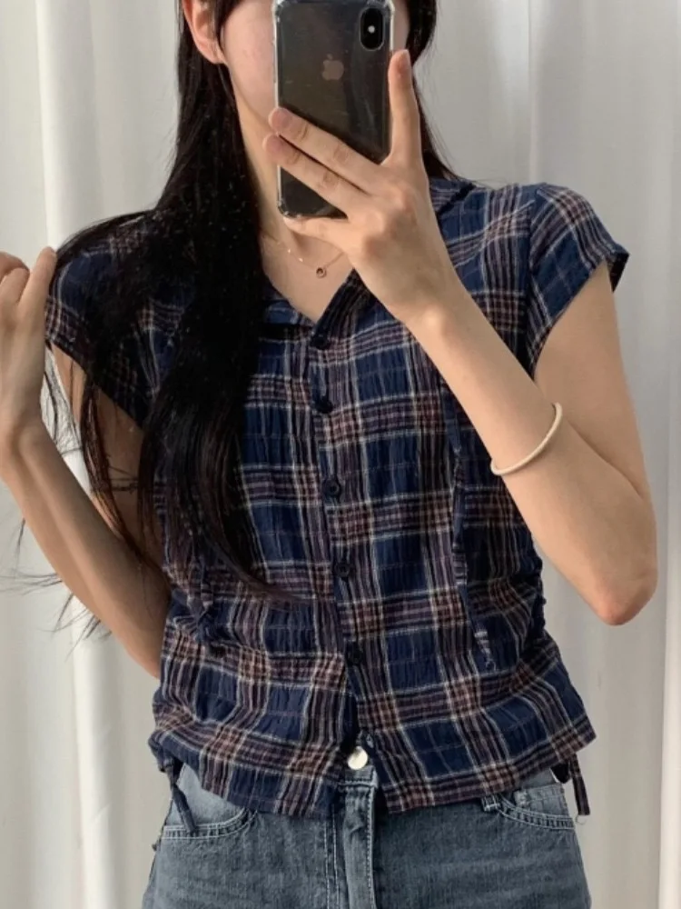 

Women's Plaid Short Sleeve Shirt Design Sense Hood Drawstring Color Block Belt Single Button up Casual Summer Fashion
