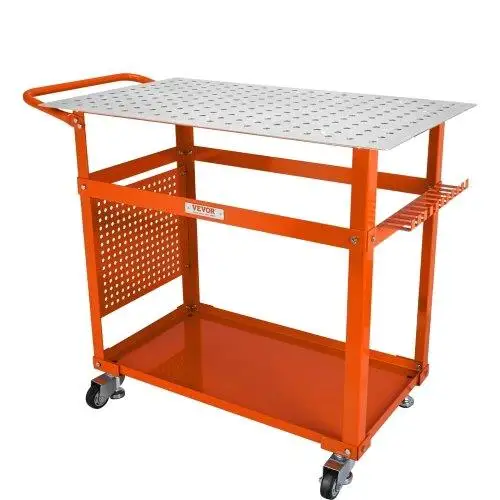 Heavy-Duty 36x24 Portable Welding Table on Wheels - 600LBS Capacity, Double-Layer Storage, 11 Hooks & 5/8 Fixture Holes