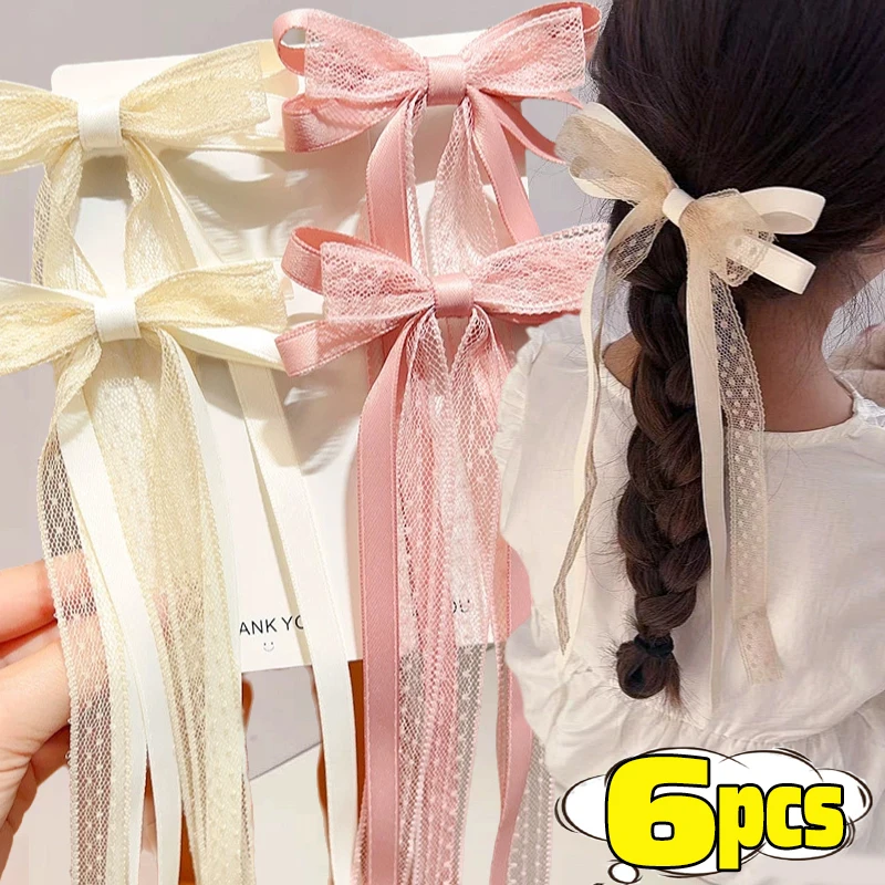 2/6pcs Lace Cream White Bow Ribbon Hair Clip for Women Hairpins Bullet Style Side Shredded Hairpin Headpiece Clip New Headwear