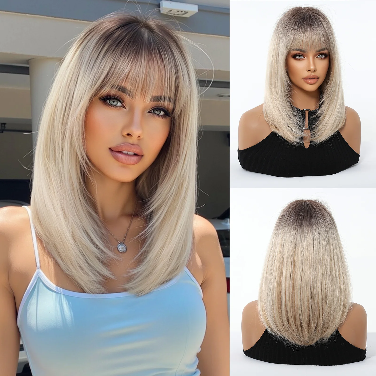 Allbell Magique Dark Brown To Light Blonde Short Straight Wigs For Woman Bob Wig With Bangs  Synthetic Wig Heat Resistant