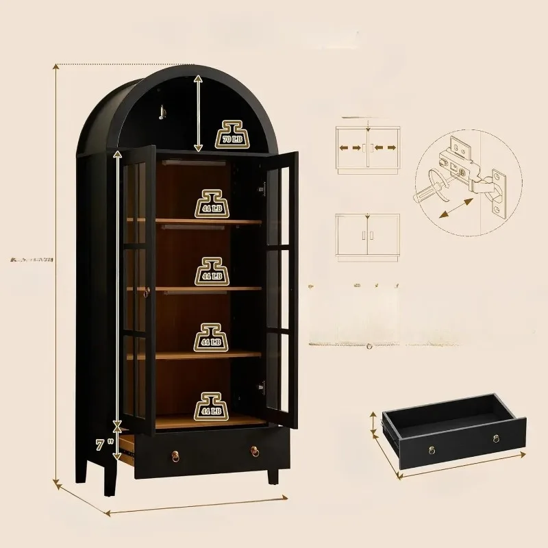 

71" Arched Storage Cabinet with Sensor Light 6-Tier Glass Door Drawer Living Room Office Kitchen Black, Customized