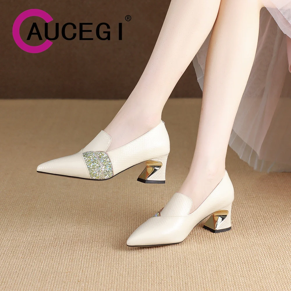 

Aucegi New Design Fish Scale Genuine Leather Thick High Heels Women Pumps Sexy Pointed Toe Wedding Banquet Versatile Shoes