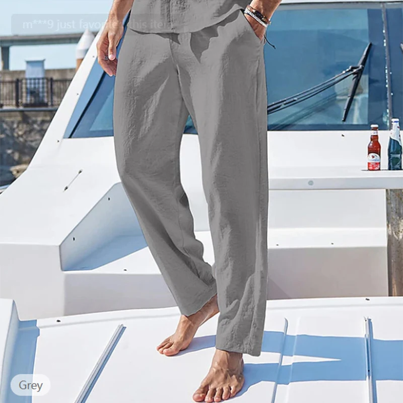 ฤดูร้อนชายหาดชายทะเลสบายๆกางเกงผู้ชายวินเทจสีทึบหลวมตรงกางเกงผ้าลินิน Mens Leisure Breathable กางเกงผ้าลินิน