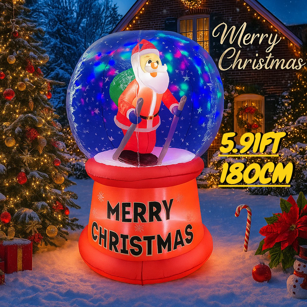 5.91FT Opblaasbaar Speelgoed Kerstman kristallen bol Kerstversiering voor tuinbenodigdheden met LED-verlichting Huisornamenten Feestelijke geschenken
