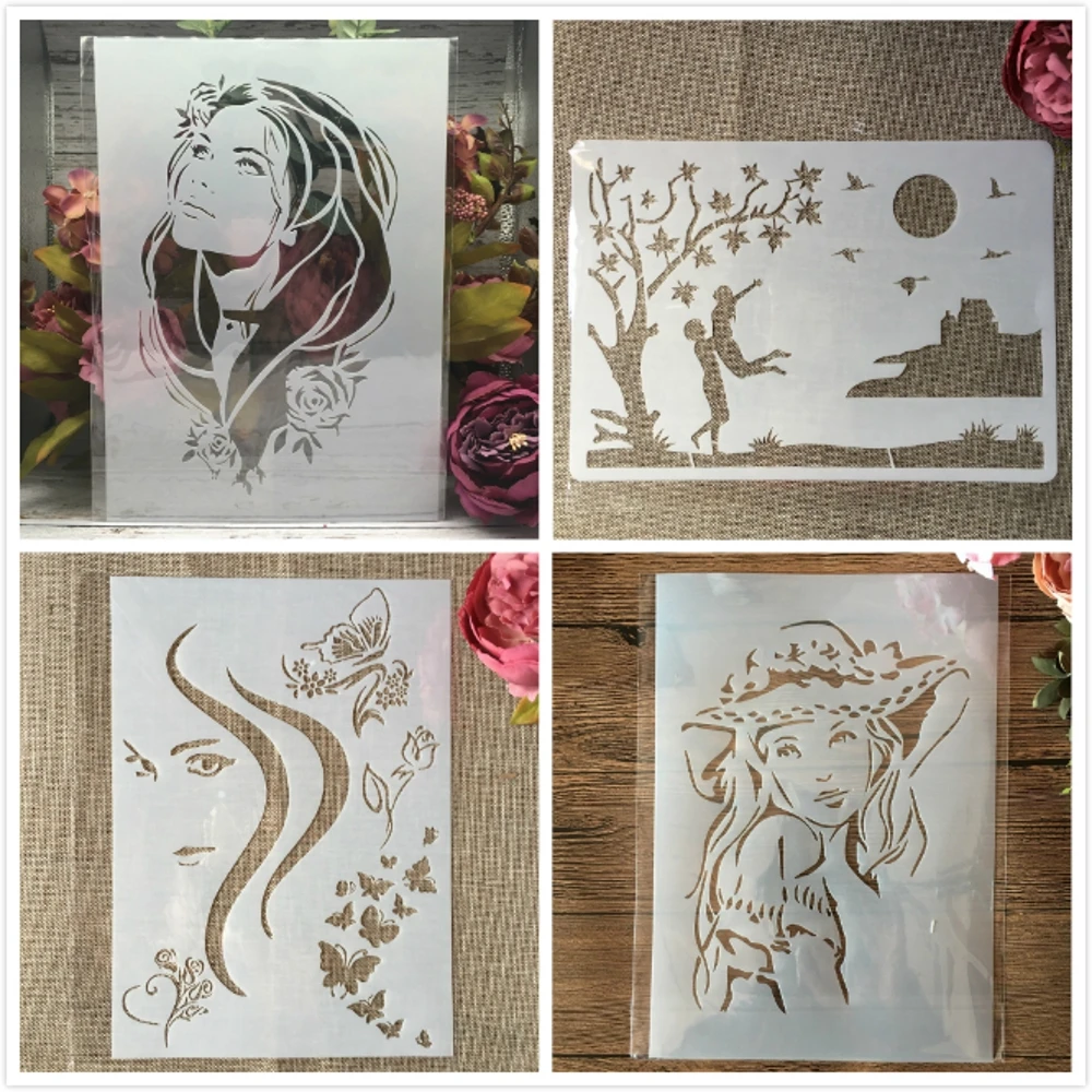 4Pcs A4 29cm Fashion Ladies DIY Layering Stencils Wall Painting Scrapbook Coloring Embossing Album Decorative Template