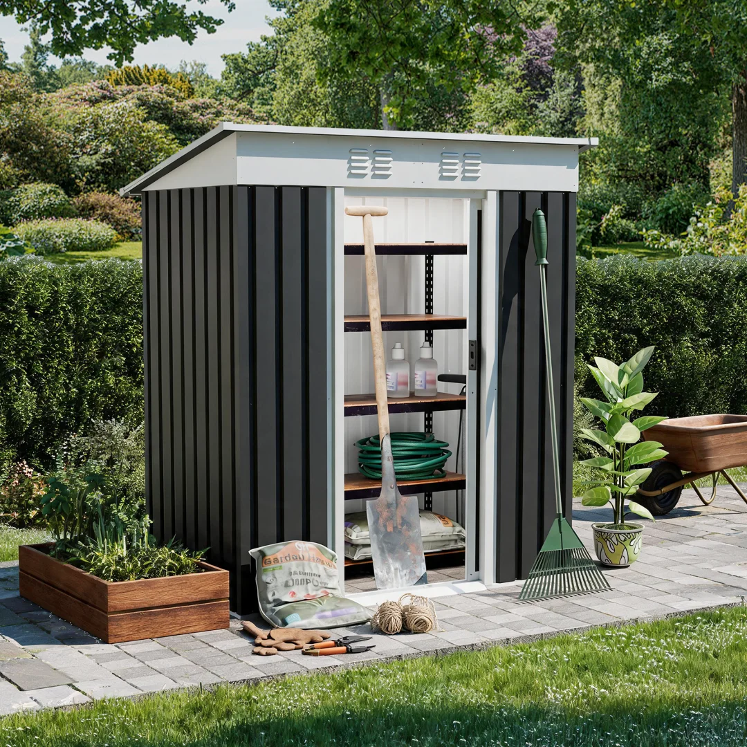 5x3 FT Metal Garden Shed with Pent Roof, Galvanized Steel Outdoor Storage Building with Sliding Door & Vents, Weatherproof Backyard Tool House