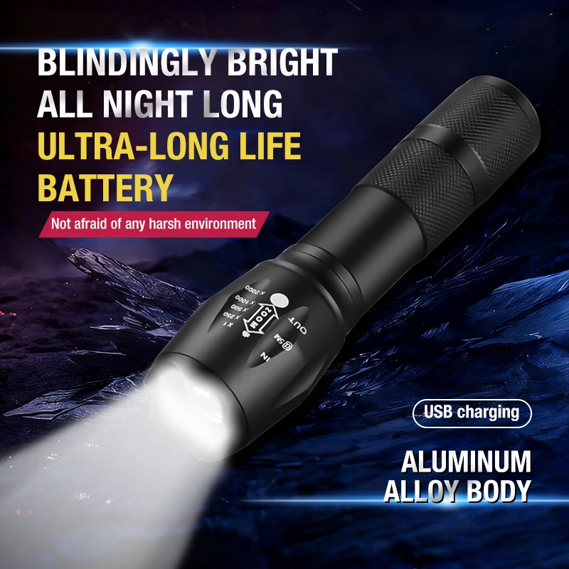 T6 Strong Light Flashlight LED Aluminum Alloy Telescopic Zoom Battery Version Charging Outdoor Searchlight Remote Flashlight