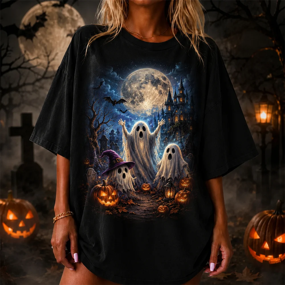 Halloween T-shirt With Printed Horror Castle And Cemetery Design Loose Short Sleeve T Shirts Holiday Street Style Essentials Hot