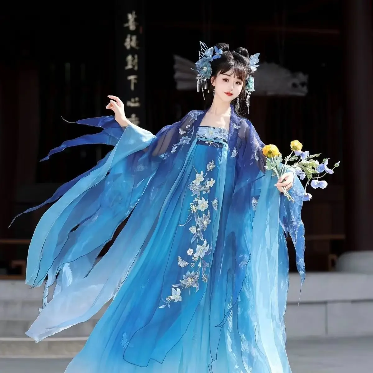 Nouveau [Porcelaine bleue et blanche] jupe Hezi de style Tang Hanfu pour femmes, longueur poitrine, chemise à grandes manches brodées, printemps et