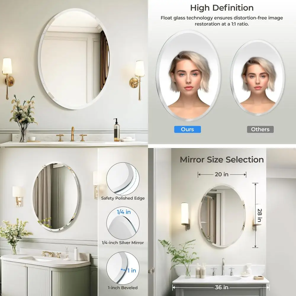 

Oval Frameless Bathroom Mirror, 20x28 Inch, Beveled Polished Edge, Decorative Wall Mirror for Over Sink, Ideal for Bath Decor