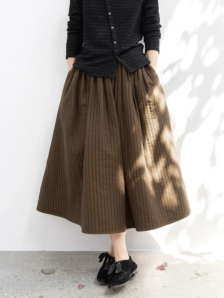 

Artistic Sle Thiened Cotton Blend Quilted Winter Skirt with Slim Stripes New Le Collection Women's mid Waist A-Line Skirt