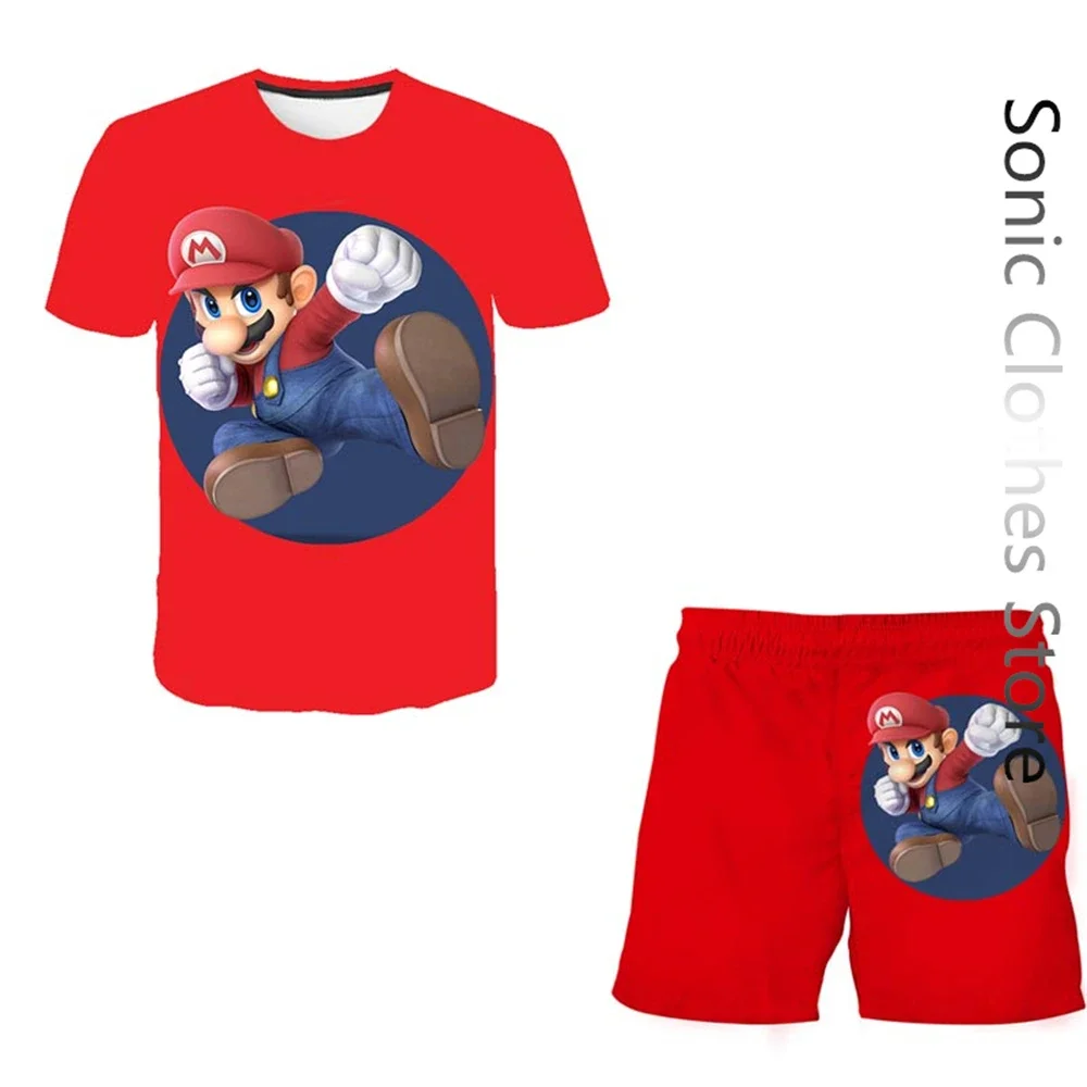 New Super Marios Bros Tshirt Set Kids Sportswear Boys Oversized Clothing Girls T-shirt Shorts Suit T-shirt Suit Summer Beach