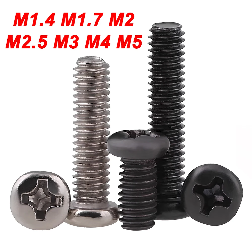 

M1.4 M1.7 M2 M2.5 M3 M4 M5 Carbon Steel Machine Screw Cross Round Phillips Pan Head Screw Bolt Nickel plated / Black