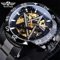 WINNER 337C Skeleton Military Automatic Men Watch Steampunk Sports Mechanical Watches Luxury Gold five-pointed star Luminous