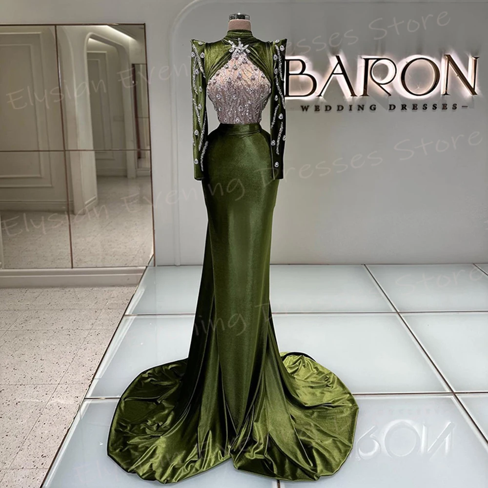 Vestidos De Noche elegantes De sirena para mujer, vestidos De graduación De cuello alto, manga larga, elegantes, verde, encantador, a la moda