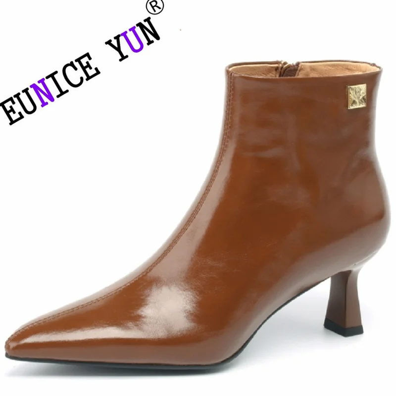 

【EUNICE YUN】Big Size 34-42 Cow Leather Pointed Toe High Heels Chic Design Concise Winter Spring Shoe Dress Warm Wedding Ankle