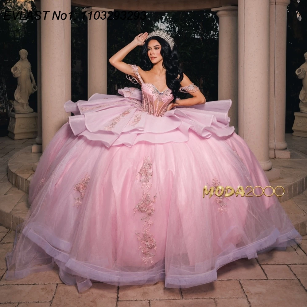 

EVLAST блестящее розовое бальное платье по индивидуальному заказу, платье Quinceanera с цветочной кружевной аппликацией и бантом из бисера, милое платье 16, Vestidos De 15 Anos E1Q955