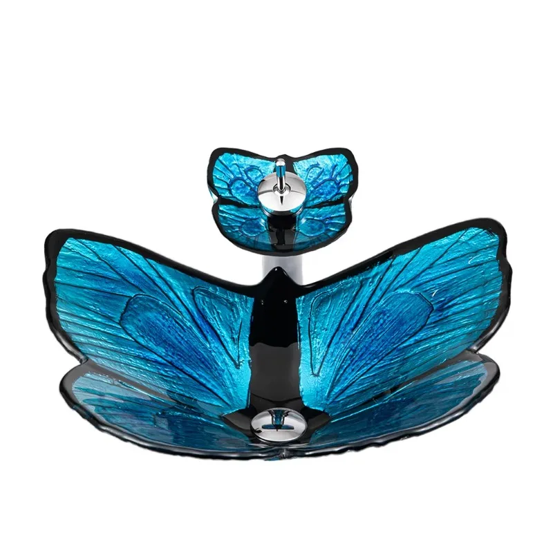 

Modern Luxury Blue Art Butterfly Tempered Glass Desktop Washbasin Bathroom Sink