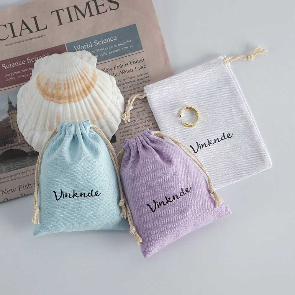 50pcs Linen Cotton Bag Pouches Custom Logo Ring Cosmetics Jewelry Packaging Bags Wedding Party Cute Drawstring Gift Storage Bags