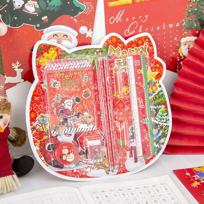 

8Pcs Christmas Stationery Set Kids Cartoon Pencils Eraser Ruler Notebook Pencil Sharpener School Supplies Student Prizes Gift