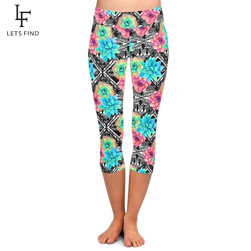 Letsfind novas plantas ssuculentas flores e impressão asteca mulheres capri leggings de cintura alta aptidão macio calças confortáveis