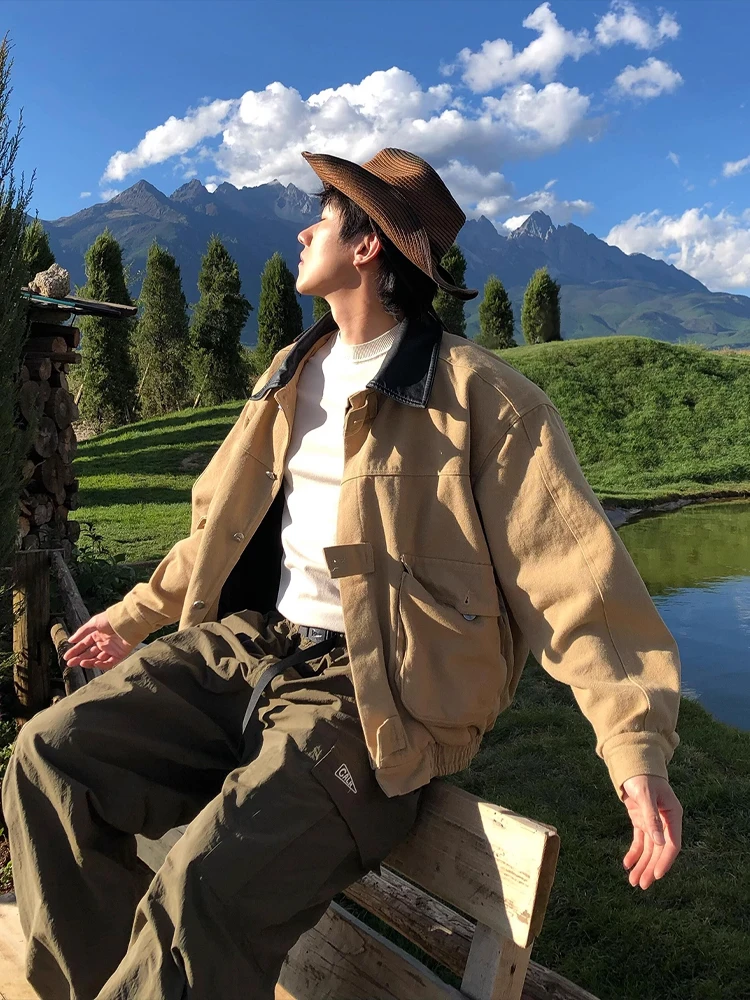 

Американская джинсовая рабочая одежда Jaet, мужская осенняя элитная цветная Blo ort, широкая бейсбольная куртка с воротником Cleanfit, повседневное пальто