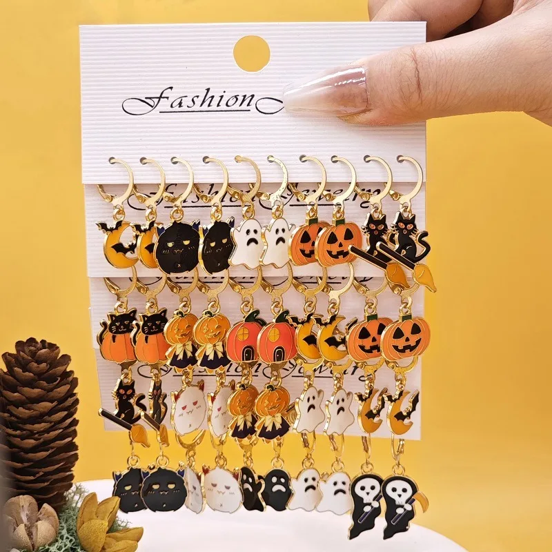 10pcs New Oil Drop Halloween Earring Set for Women, Personalized and Creative Ghost Devil Pumpkin Set