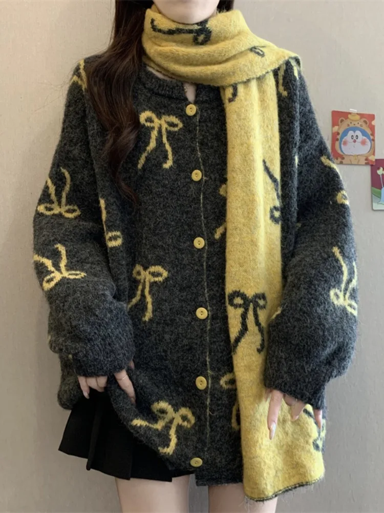 

Жаккардовый свитер в ленивом стиле с бантом в стиле ретро, женский осенне-зимний новый уникальный вязаный кардиган в корейском стиле с шарфом