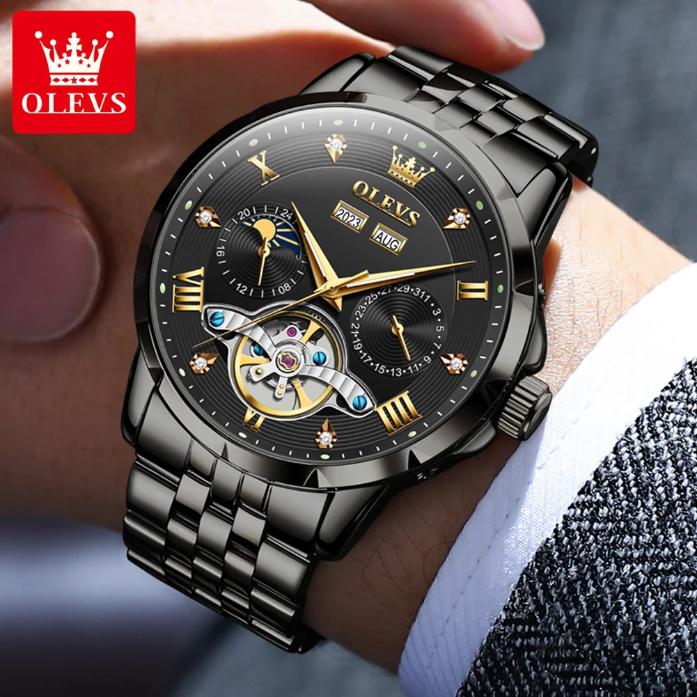 OLEVS Original Luxury Brand Watch Men Black Stainless steel Flywheel Design Auto Date Waterproof Automatic Mechanical Wristwatch