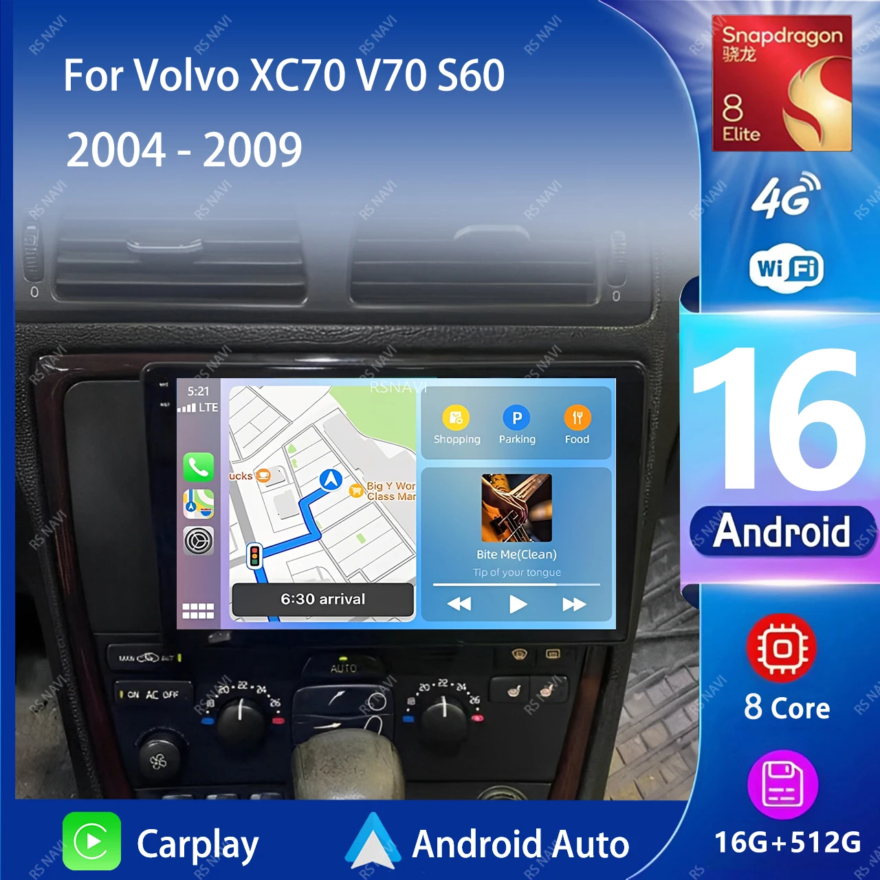 Radio Multimedia para Auto con Android 16 y Carplay para Volvo XC70 V70 S60 2004-2009, WIFI+4G, Autoradio GPS Estéreo 2din