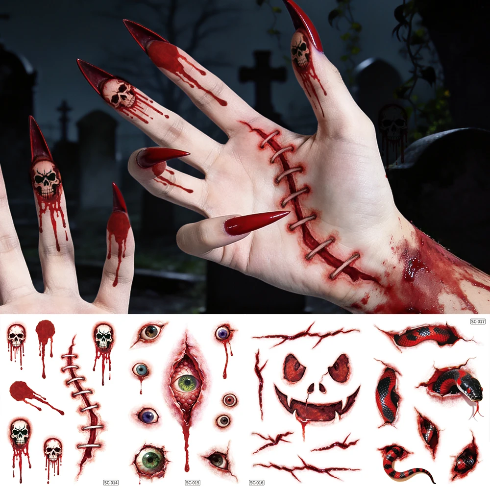 4 Sheets Halloween Horror Temporary Tattoo Stickers, Realistic Bloody Wound Eyeball Snake Scale Skull Design, Matte Non‑Reflecti
