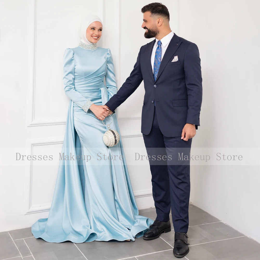 Baby Blue Wedding Guest Dress Long Crystal High Collar Column Formal Party Gowns for Women 2024 Full Sleeves Satin Evening Dress