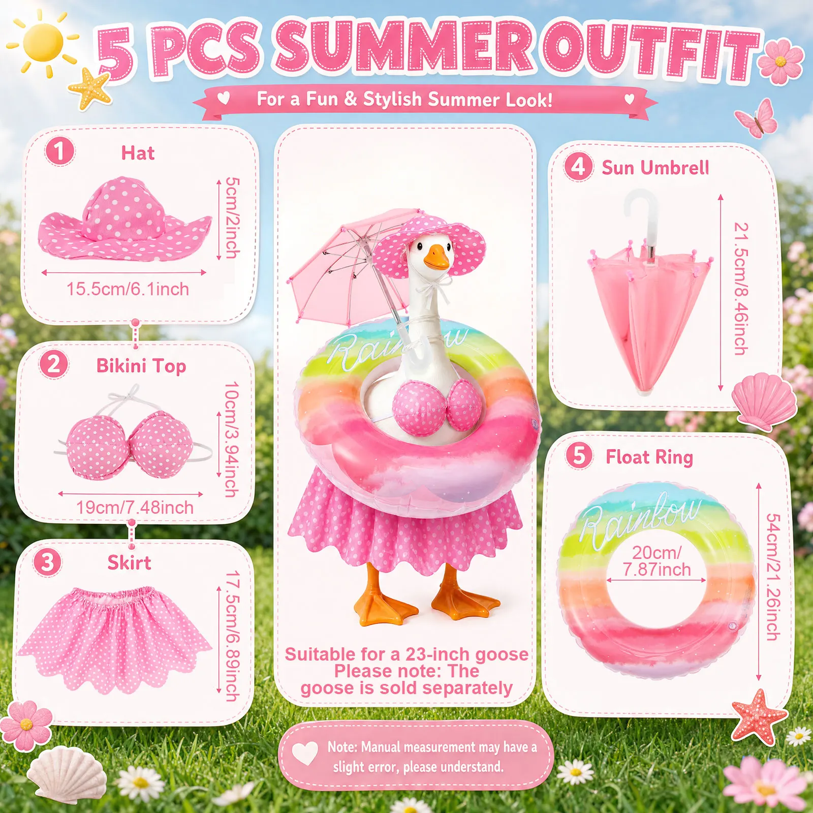 23 Inch Hawaiian Porch Goose Outfit Summer Porch Goose Statue Clothes Costume with Hat & Swim Ring for Outdoor Patio Yard Decor