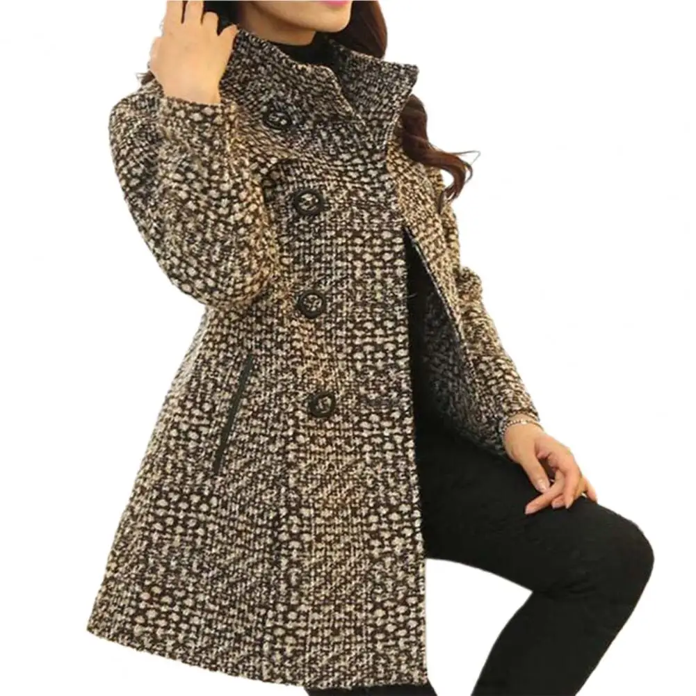 Elegant Women Winter Coat Thick Plaid Print Midi Length Jacket Double-breasted Keep Warm Buttons Thick Mother Overcoat