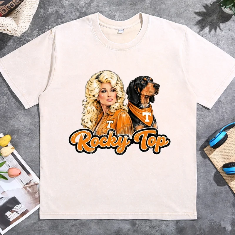 Dolly Parton Rocky Graphic Tee Cotton Short Sleeve Round Neck Tshirts Unisex Streetwear Y2k Clothing Vintage Washed Clothes