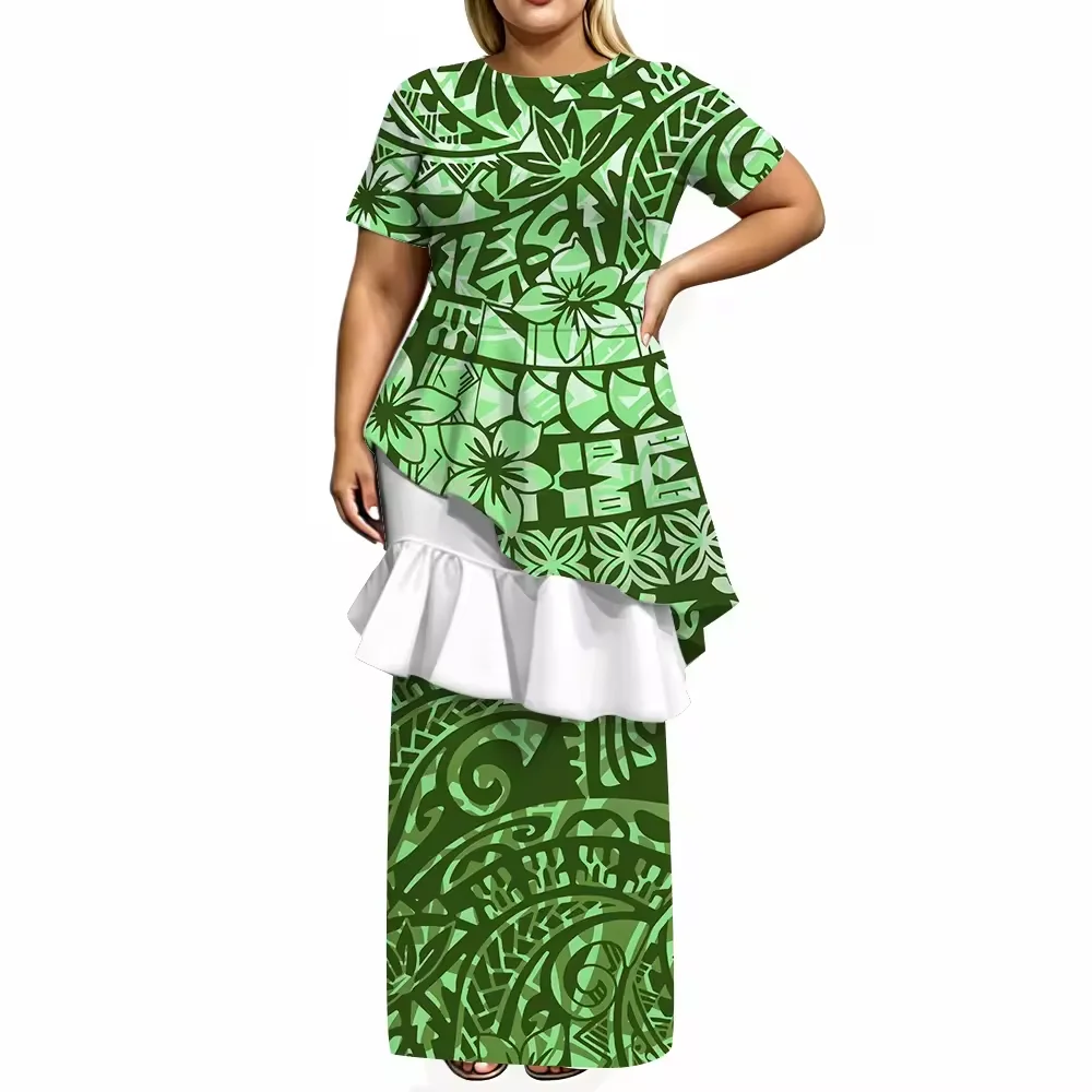 Hot Green Navy White Tropical Hibiscus Leaf Print Women 2 Piece Set Puletasi Asymmetrical Ruffle Top Long Skirt Matching Outfit