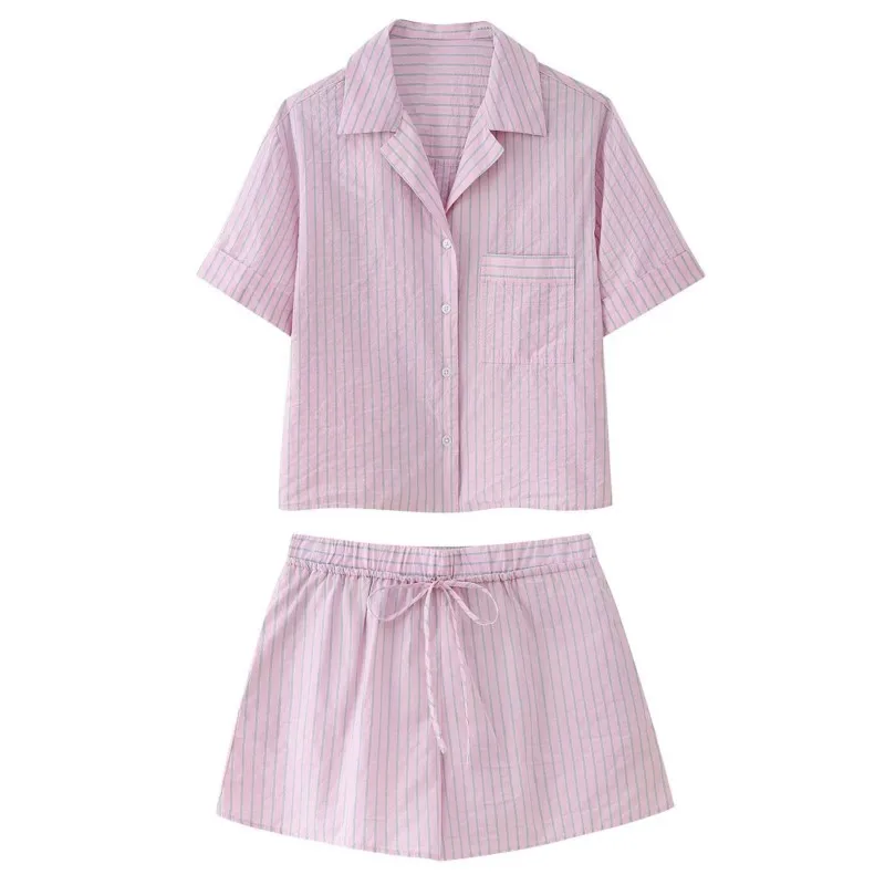 

Stripe Short Sleeve Shirts And Elastic Wasit Shorts Set 2025 New Loose Blouse T-shirts And Shorts Casual Vacation Summer Outfits
