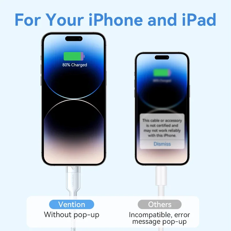 Кабель Vention USB — Lightnin для iPhone 14 13 12 11 Pro XS 8 2,4A USB 2.0 — Lightning Кабель для передачи данных Кабель для быстрой зарядки