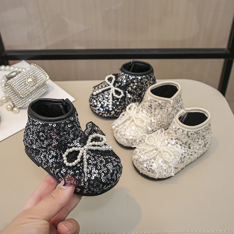 

2025 Girls Elegant Short Boots Sweet Princess Sequins Toddlers Fashion Boots Children Beading Bowknot Kids Causal Ankle Boots