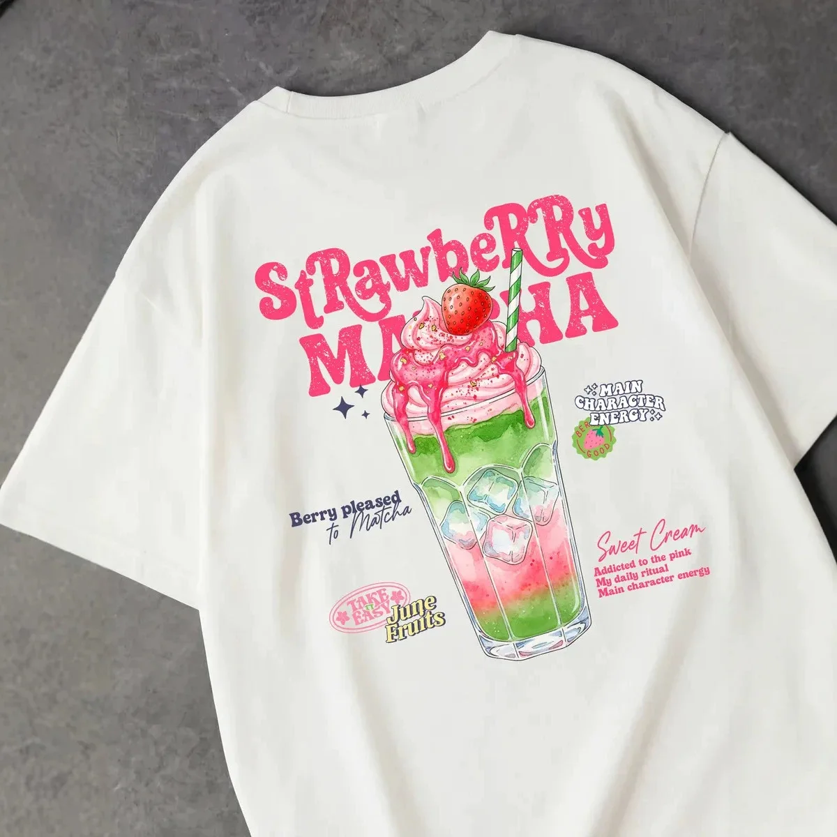 Strawberry Matcha Ice Cream Beverage Print Women T-Shirt Cotton Y2K T Shirts Sports Running Short Sleeve Loose Summer Streetwear