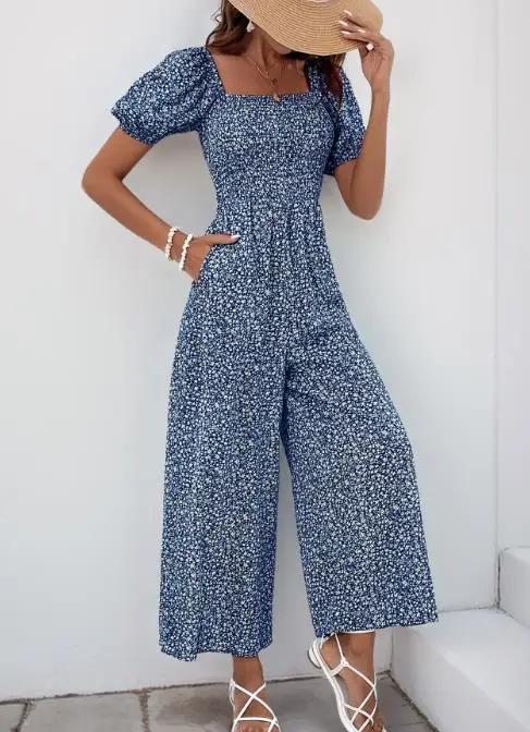 2025 Baru Square Wanita Gambar Bunga Slim Fit Lebar Kaki Jumpsuit Leher Gelembung Lengan Serut Jumpsuit Pinggang Tinggi Slim Fit