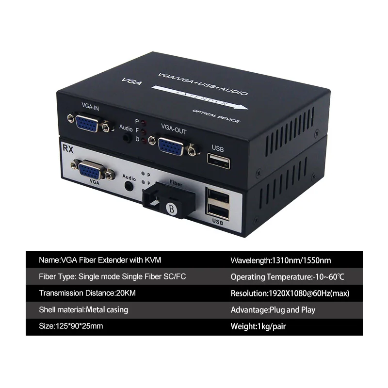 1080P VGA KVM über Glasfaserkonverter über Single Mode Single Fiber Extender bis zu 20 km mit Audio VGA Loop-out