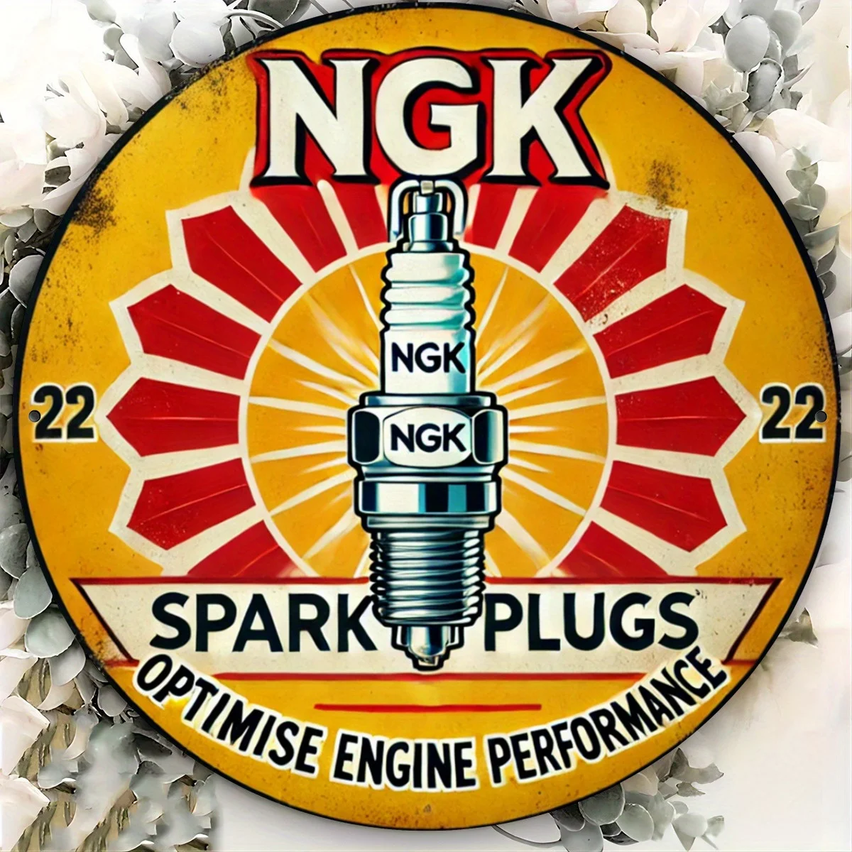 Vintage NGK Spark Plugs Optimise Engine Performance Round Tin Sign, Retro Distressed NGK Spark Plug Logo Metal Wall Art, Rustic