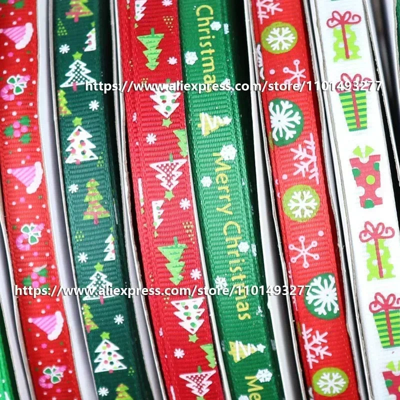 20 Yards Roll 10mm Christmas Ribbon Printed Grosgrain Polyester Ribbons For Gift Wrapping Christmas Decoration DIY Hair Bows